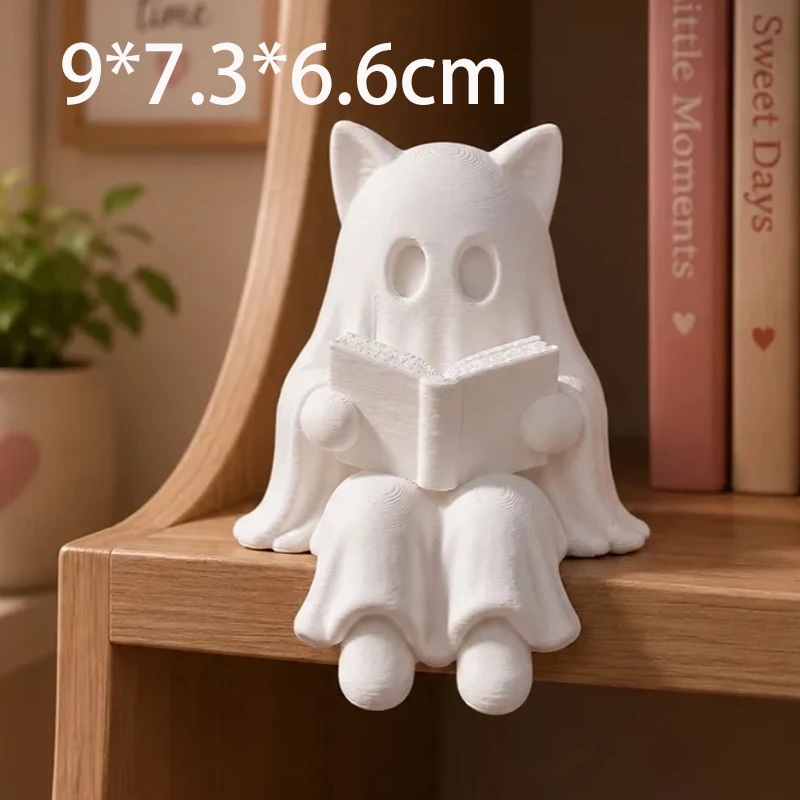 3D Printed Reading Ghost Cat Shelf Sitter Ornament White Cute Spirit Kitten Bookshelf Decor Halloween Home Accent Figurine