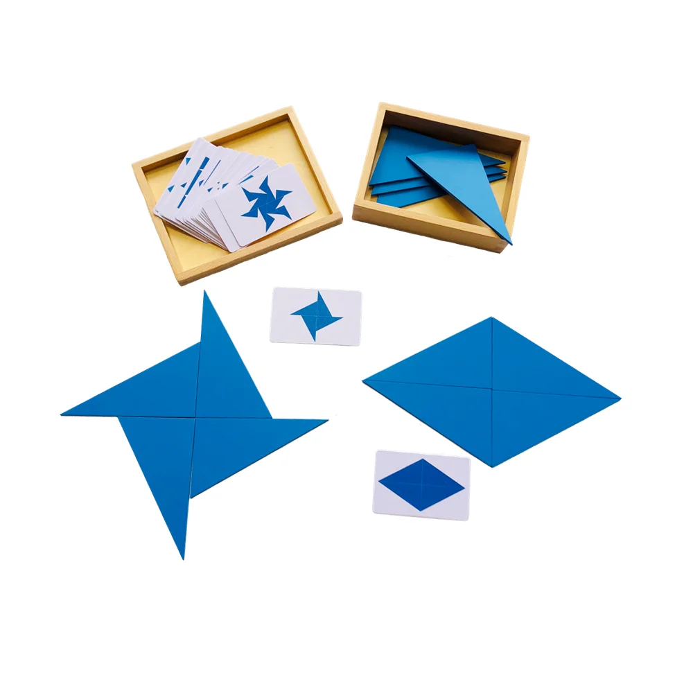 Montessori Educational Toys Blue Triangles Box w/ Cards Building Game for Children Geometric Geometric Figures Learning Tools