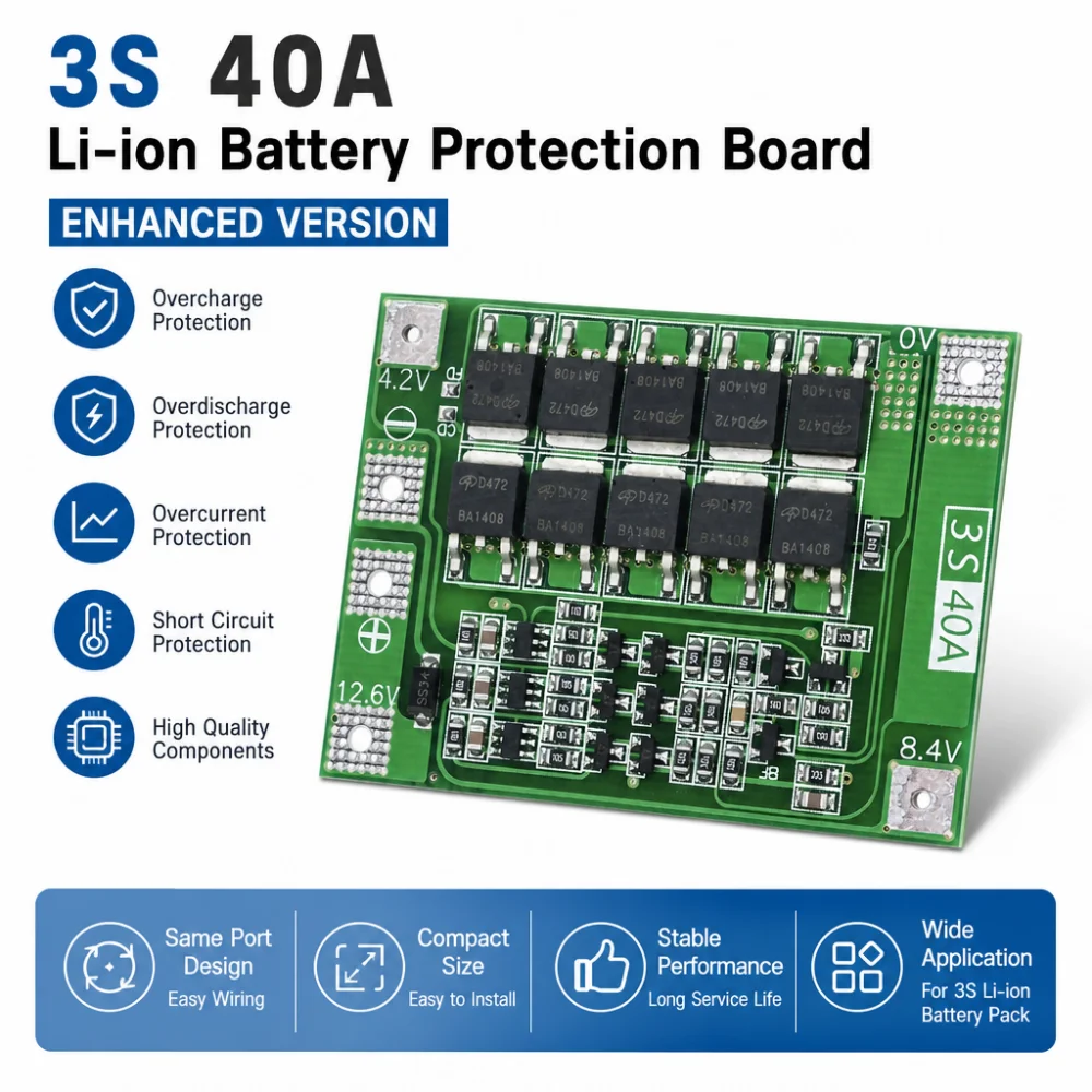BMS 3S 12V 40A Lithium Battery Protection Board 18650 Lithium Battery Charging Protector Same Port