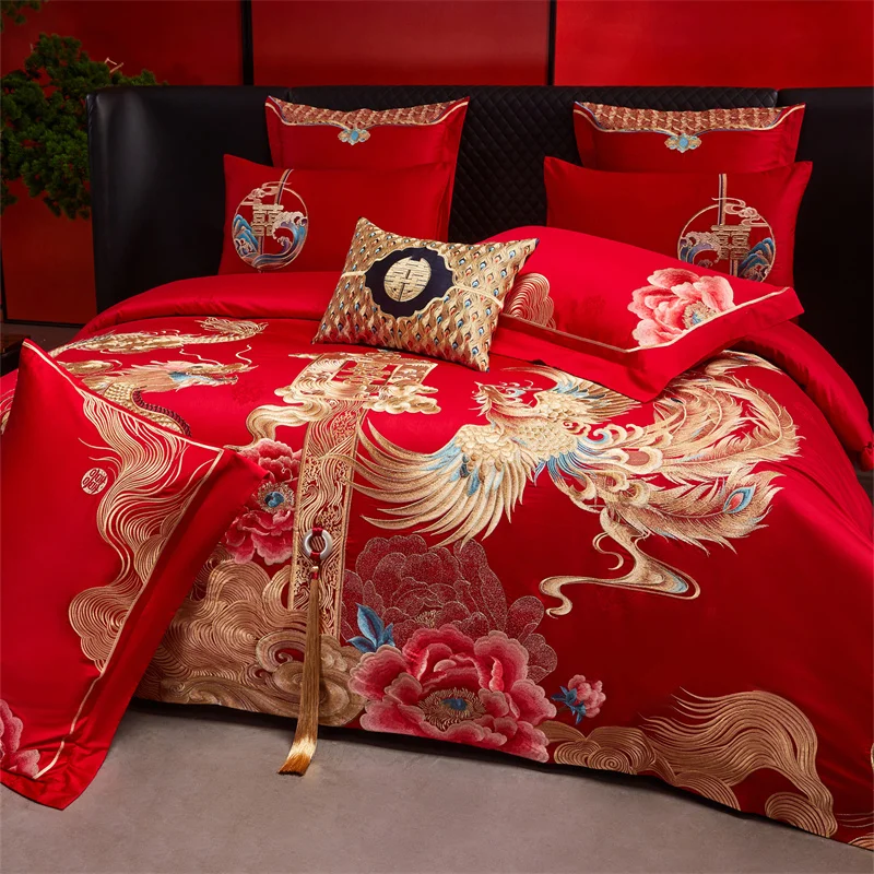 Luxury Chinese Style Wedding Flower Dragon Phoenix Embroidery Bedding Set 100% Cotton Duvet Cover Bed Sheet Pillowcases 4/6/9Pcs