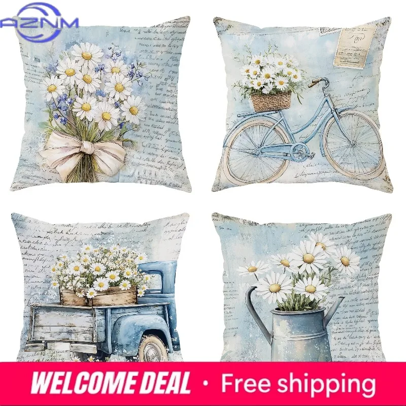 Vintage Daisy Pastoral Style PillowcaseBedroom Living Room Sofa Home Decor Polyester Cushion Cover with Zipper