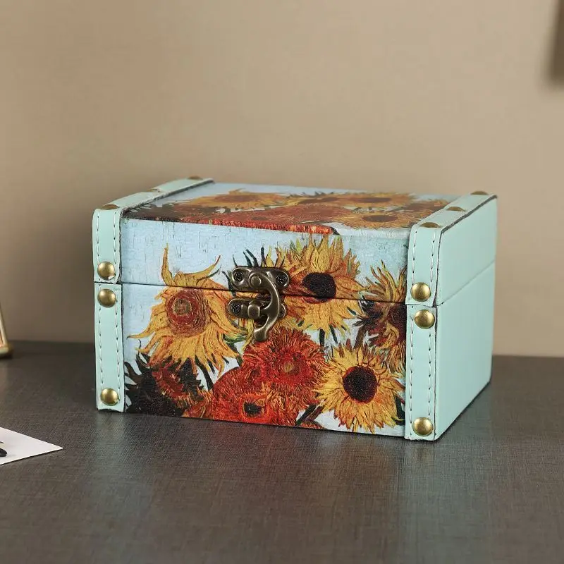 Van Gogh Starry Night Storage Box Money Box, European Style Wooden Leather Jewelry Organizer with Lock, Vintage Treasure Box