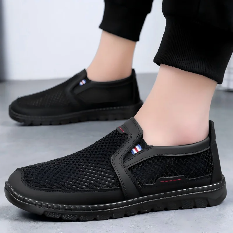 Men's Hollow Large Mesh Slip-On Loafers, Smooth Splicing Trim with Tiny Stripe Tag, Hand Stitched Edge Low Block Sole Footwear