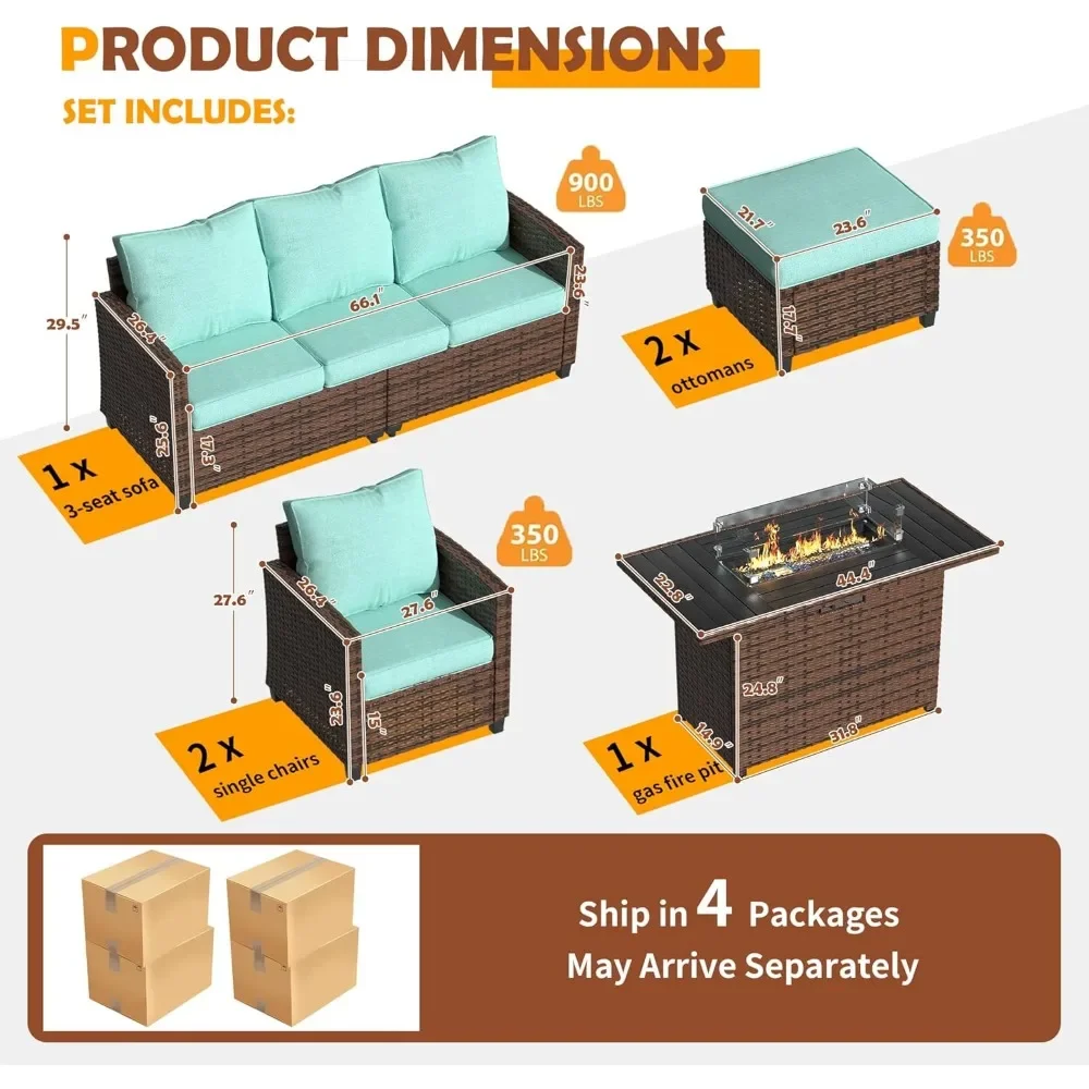 Set furnitur teras dengan 44 "meja lubang api, 6 buah Set percakapan bagian luar ruangan, Sofa Ottoman rotan anyam semua cuaca