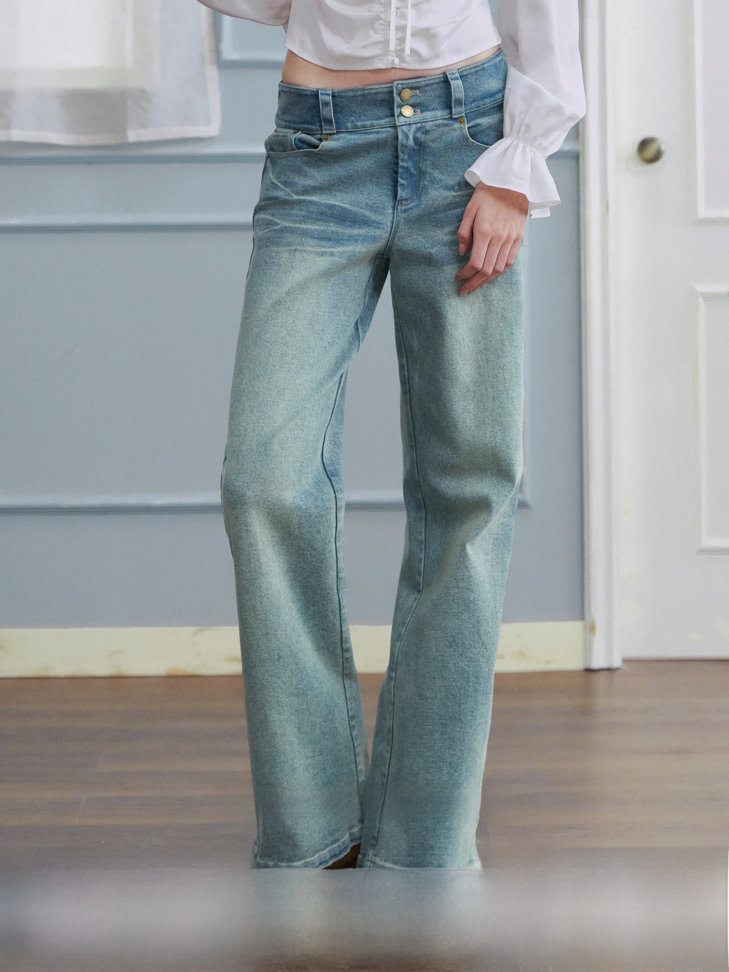 Pure Cotton Lazy  Mustard Straight Leg Casual Jeans Women Spring Wear Durable l Waist Button Closure Denim Blue