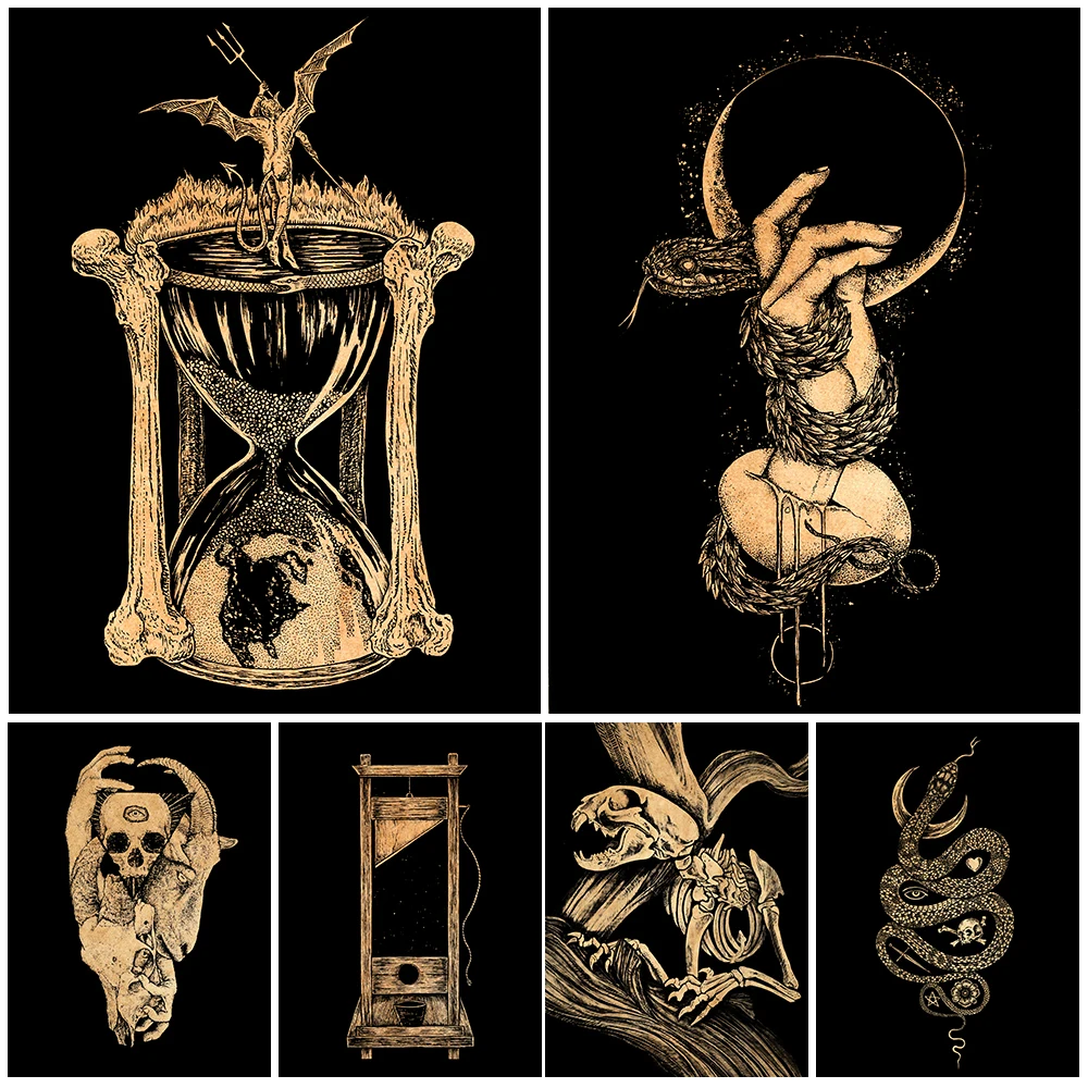 Witch's Hand,Black Snake And Crescent Moon Vintage Wall Art Canvas Painting Devil Hourglass And Death Penalty Poster Print Decor