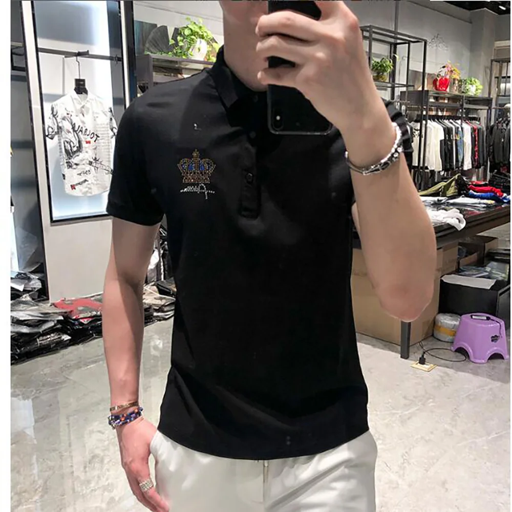 

Mens Polo Shirt Brands Male Short Sleeve Casual Slim Rhinestones Polo shirt 05034