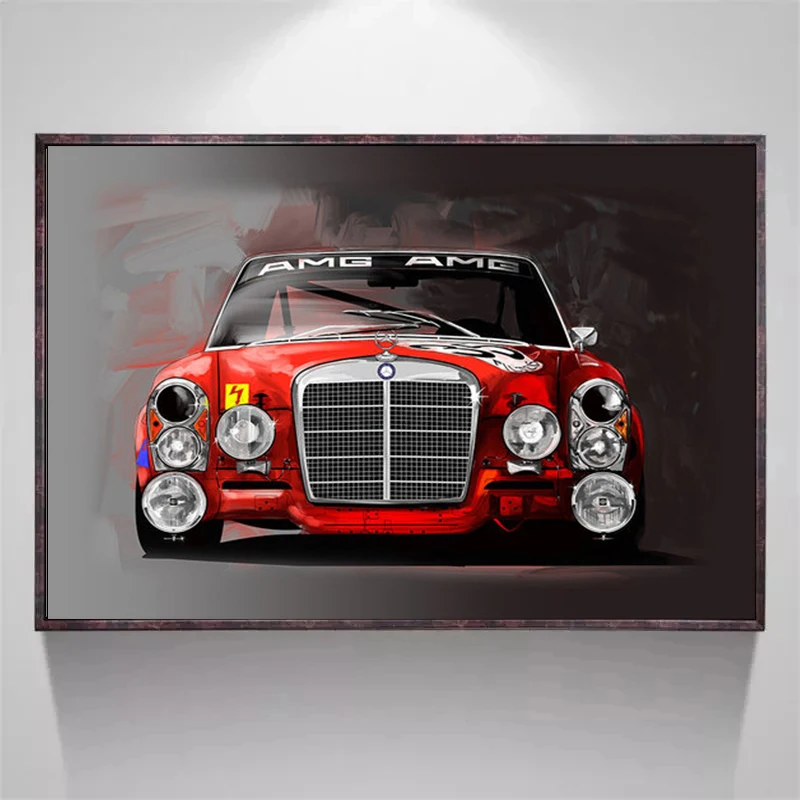 Póster de coche de carreras clásico Vintage, impresión en lienzo, pintura roja AMG, automóviles, decoración del hogar, imagen artística de pared para sala de estar