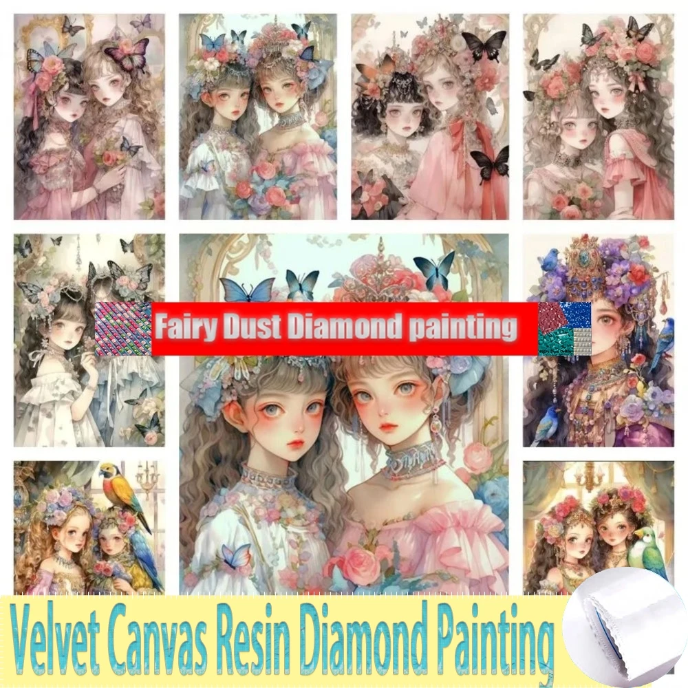 5D Handmade Cartoon Fairy Girl Sister DIY Fairy Dust Resin Diamond Painting Kit Flower Butterfly Cross Embroidery Mosaic Home