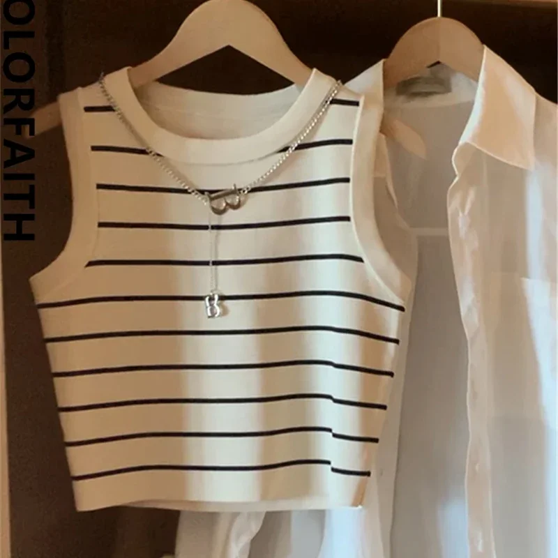 

Новинка 2025 года, базовые полосатые эластичные жилеты с цепочкой, женские майки и майки, летние укороченные короткие топы