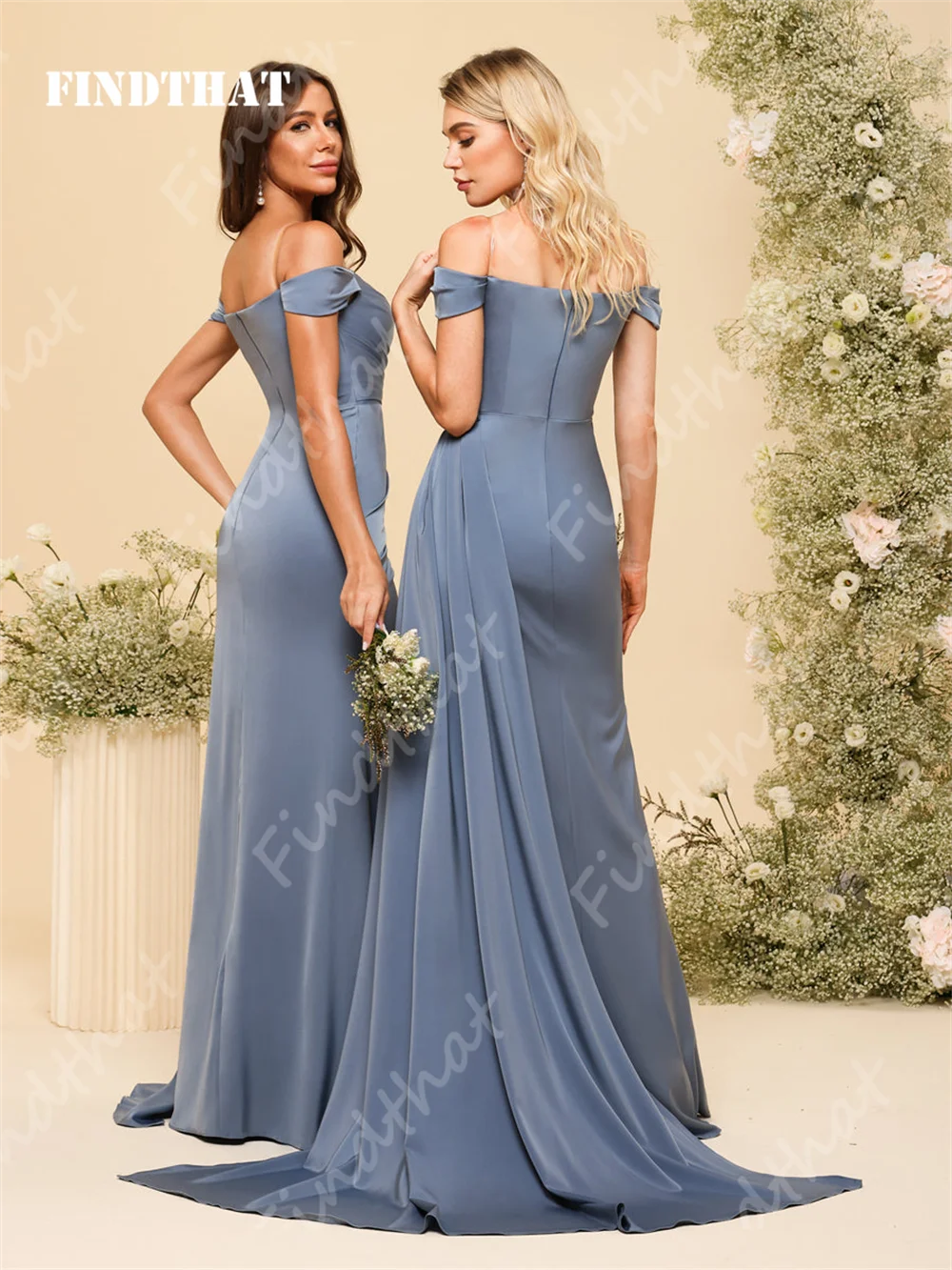 Findthat Women's Mermaid Bridesmaid Dresses Off Shoulder Sweetheart Silk Satin Ruched Evening Party Gowns High Slit with Train