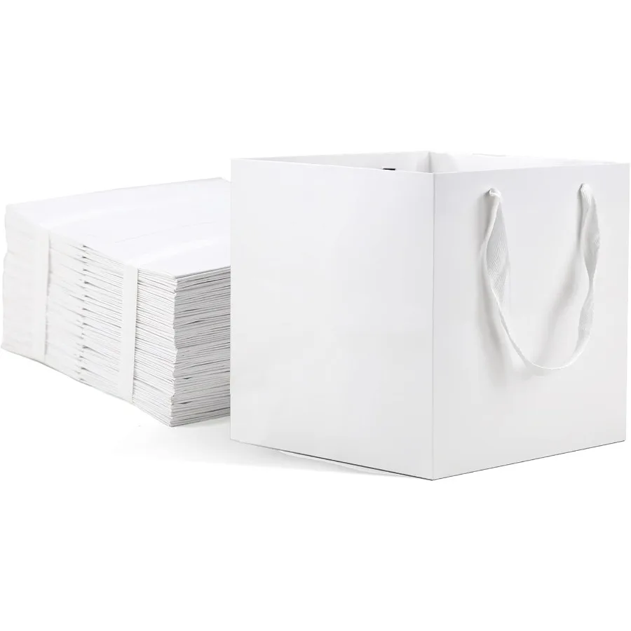 Sacos de papel branco com alças, sacos de presente em massa, 12 pacotes, tamanho quadrado grande, 10x10x10 polegadas, kraft, ideais para lembrancinhas, presentes de aniversário
