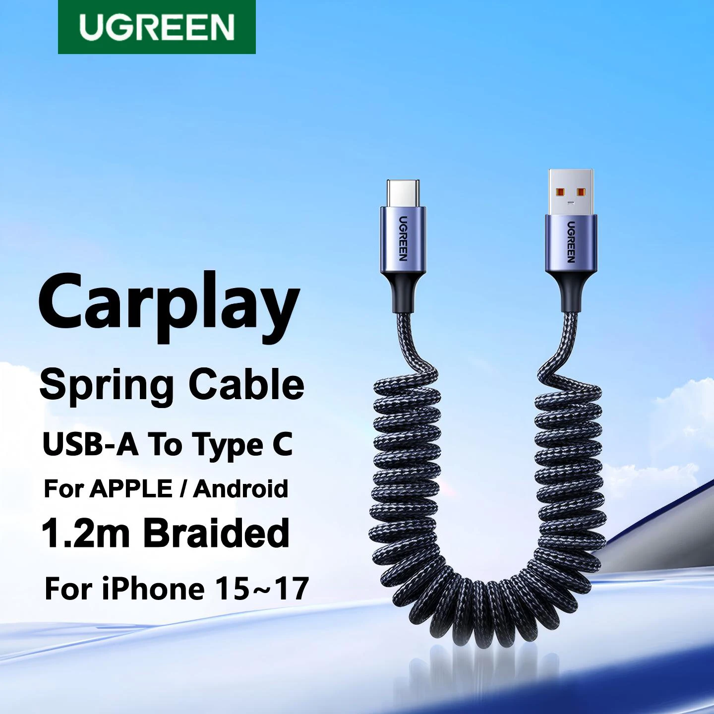 UGREEN Car Spring USB A To Type C Cable Braided 3A Charging Data For Samsung APPLE iPhone 17 16 15 Charger AC Android Telescopic