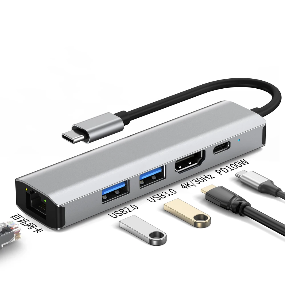 

5 в 1 USB-концентратор типа C 3,0, адаптер 4K HDMI RJ45 PD 100 Вт, док-станция для быстрой зарядки, разветвитель-концентратор для MacBook, ноутбука, телефона, ПК