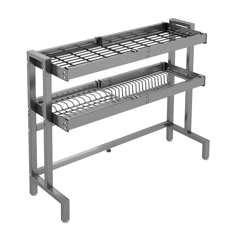

Kitchen Double-layer Dish Storage Rack Retractable Sink Drain Plate Tableware Rack Knife Multi-functional Organizer
