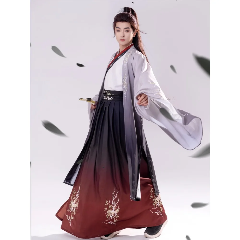 Men Women Wei Jin Style Hanfu Set, Cross Collar Swordsman Embroidery Outfit Spring Autumn