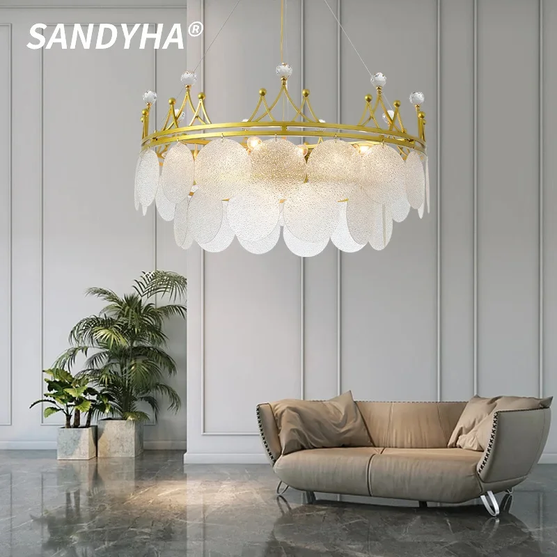 

Nordic SANDYHA Living Room Crown Pendant Light Modern Design Crystal Glass Bedroom LED Dining Room Minimalist Decor Chandelier