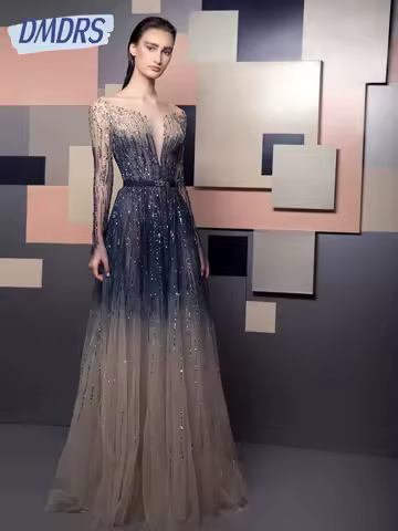 Shiny A Line Women Stylish Evening Dress Luxurious Beaded Birthday Party Boat Neck Prom Dress Customized Chic Cocktail Gown