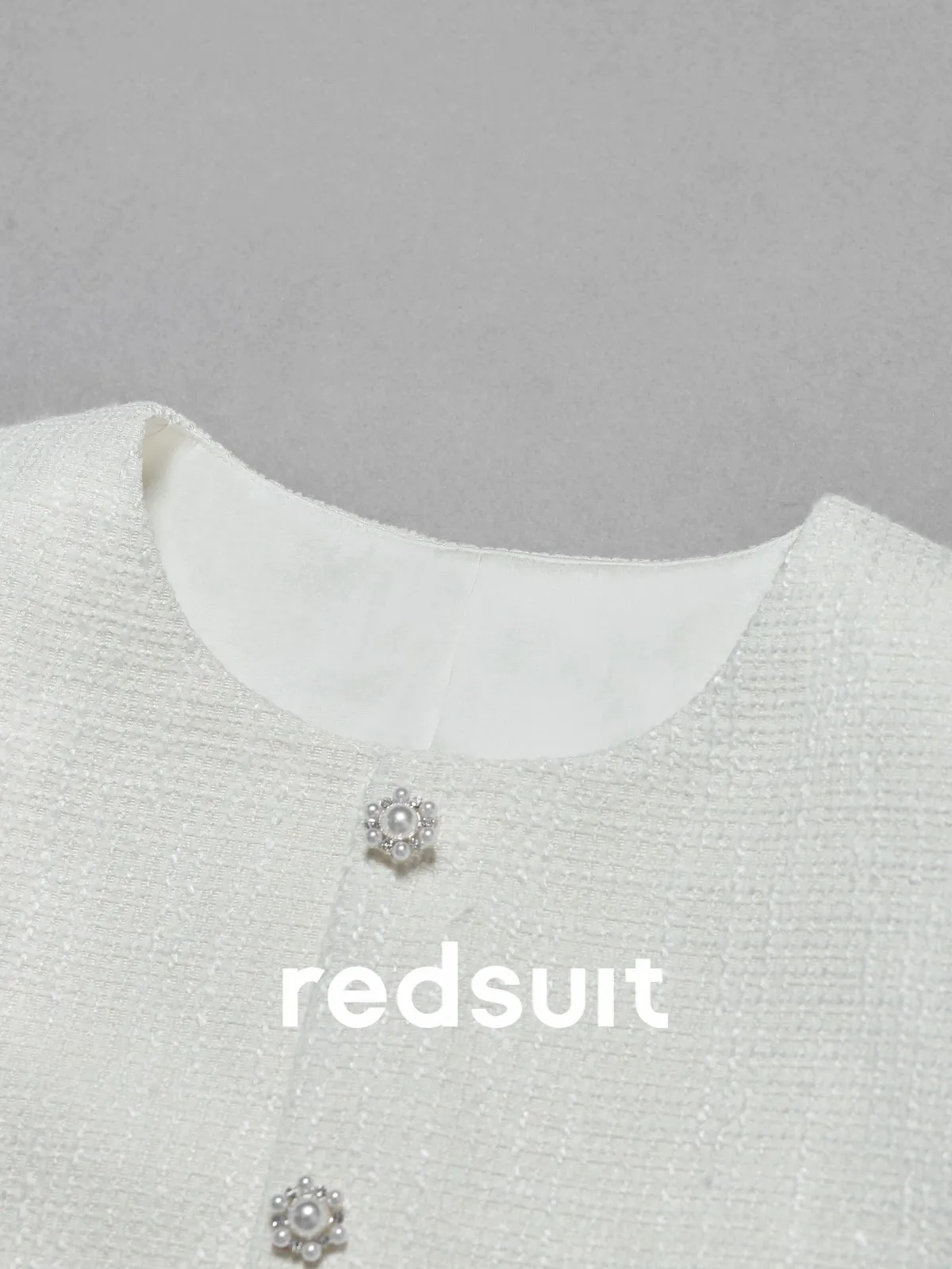 New Texture light thin tweed split hem pearl diamond buckle white short sleeved top Custom Size