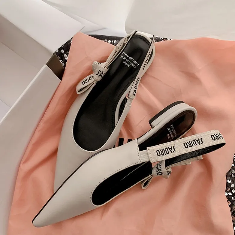 New Summer Low Block Heel Suede Pointed Toe Low-Cut Flats with Letter Back Strap Closed-Toe Sandals
