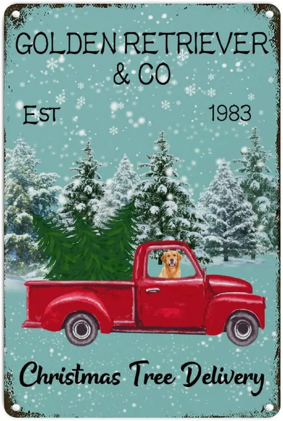 Teal Winter Snow Truck Dog Metal Tin Sign Happy Christmas Metal Wall Decor Sign Red Truck Christmas Tree Delivery Rustic Shabby