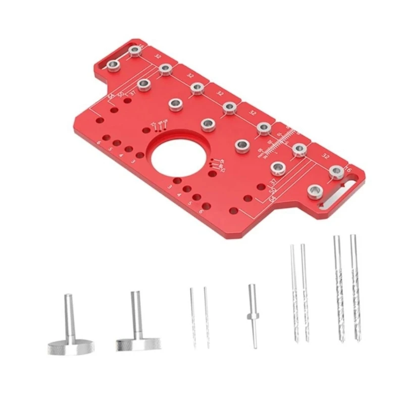 E7CD Woodworking Drilling Guide for Cabinet Hardware Layout, Aluminum Plate Position Tool with Guide Bushings for Shelf Pin