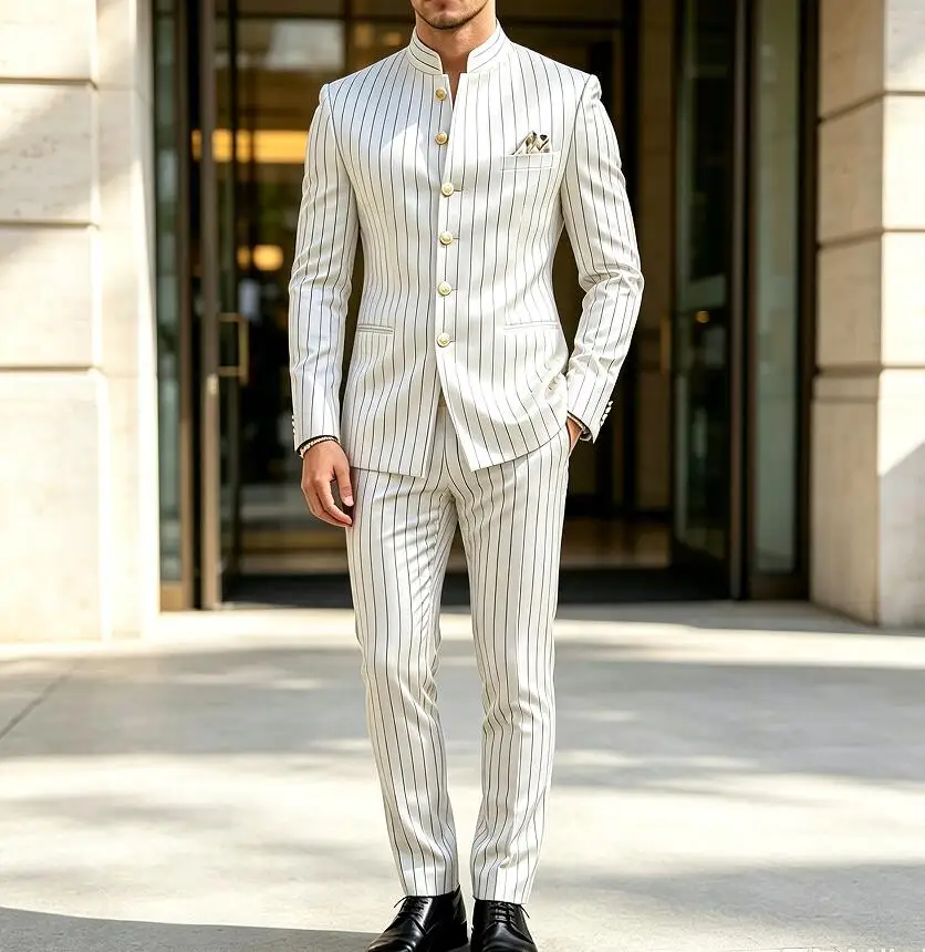 Luxury Striped Formal Men Wedding Suits 2 Pieces Set Stand Collar Gold Buttons Groom Tuxedo Prom Party Business Jacket Pants Set