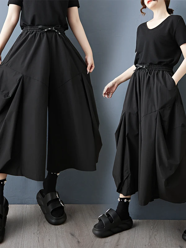 ダークスタイルカジュアルパンツ ハイウエスト ルーズフィット おしゃれ 大きいサイズ ナインピース スカートパンツ レディース 夏 2025 ワイドレッグ トラウザーズ
