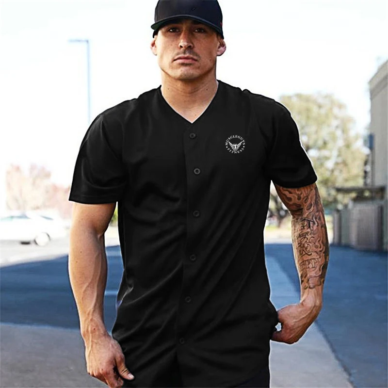 Fitness studio Bodybuilding Fitness Muskel T-Shirts Sommer Mesh atmungsaktive schnell trocknende Strickjacke Hemd neue Männer lose Kurzarm Sport Tops