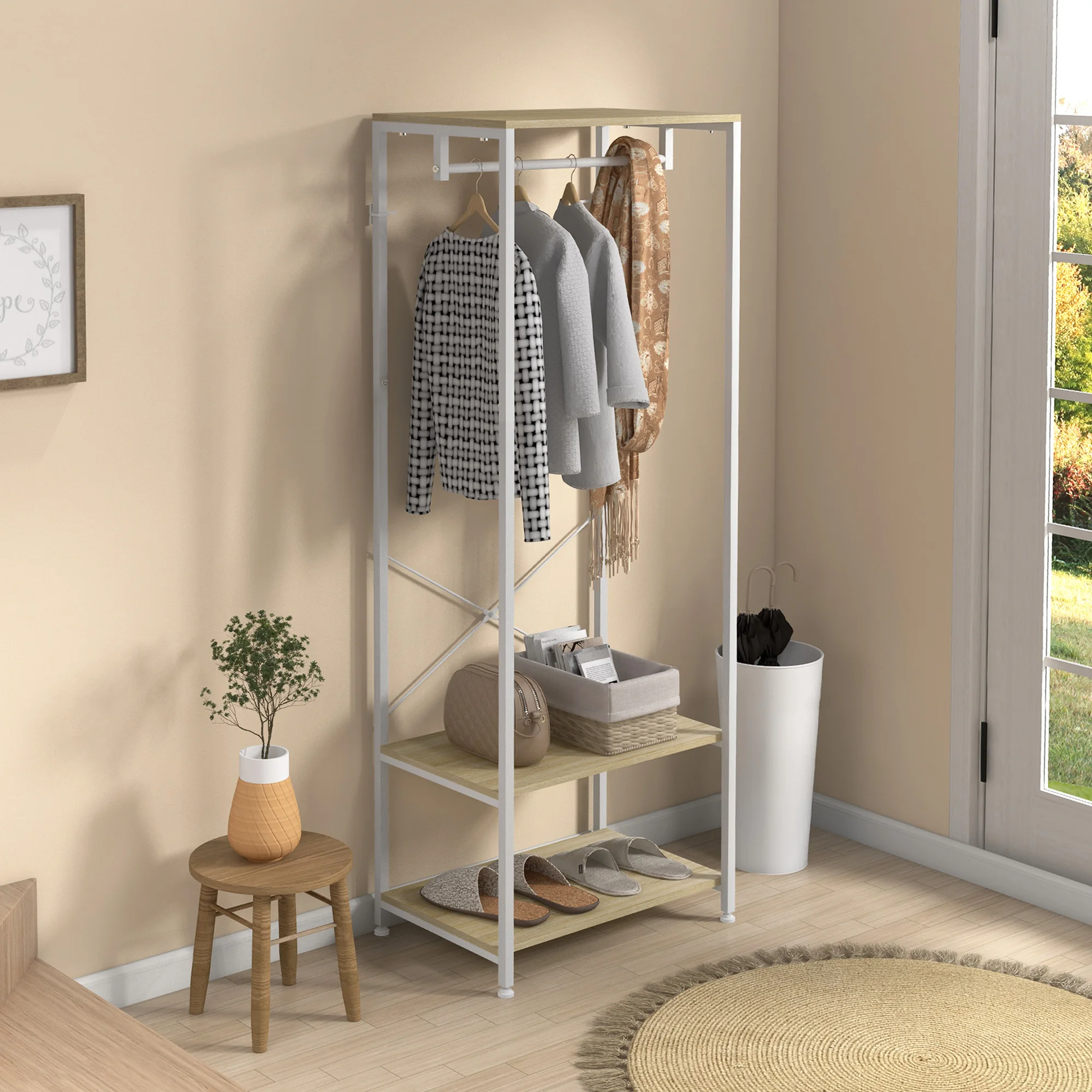 HOMCOM Scarpiera con anta, mobile industriale 60L x 40L x H cm, in metallo bianco effetto legno chiaro