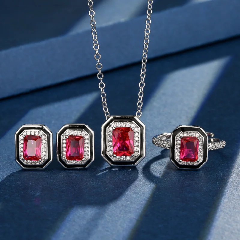 

Womens Red Square Gemstone Jewelry Adjustable Ring Necklace Earrings Elegant Geometric Statement Jewelry for Party Wedding Gift