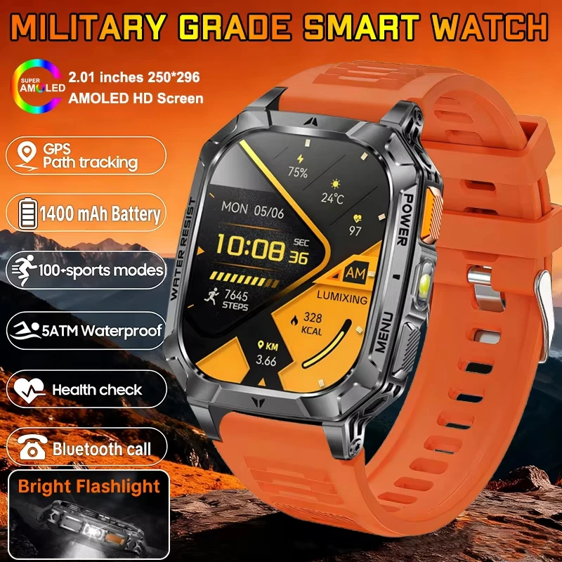

New Military Grade 1400 mAh Battery Smart Watch Men 2.01" AMOLED Screen IP68 Waterproof Sports Fitness BT Call Smartwatches 2026