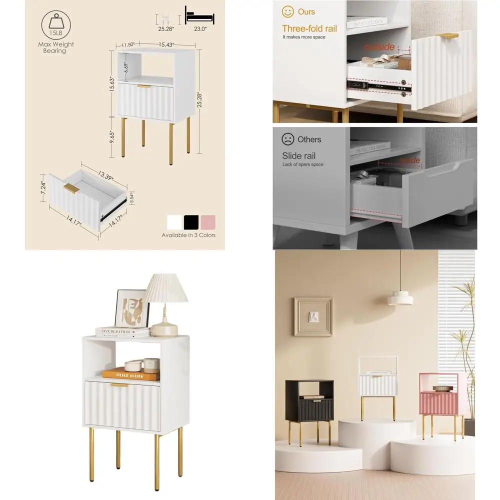 

Элегантная белая современная прикроватная тумбочка с золотой рамой, ящиком и полкой для спальни и гостиной