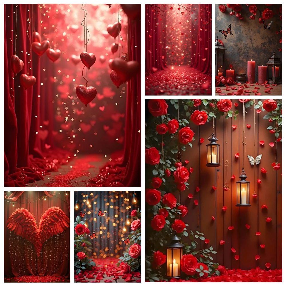 

Red Angel Wings Love Heart Photography Background Valentine's Day Rose Girl's Birthday Wedding Party Decor Backdrop Photo Studio