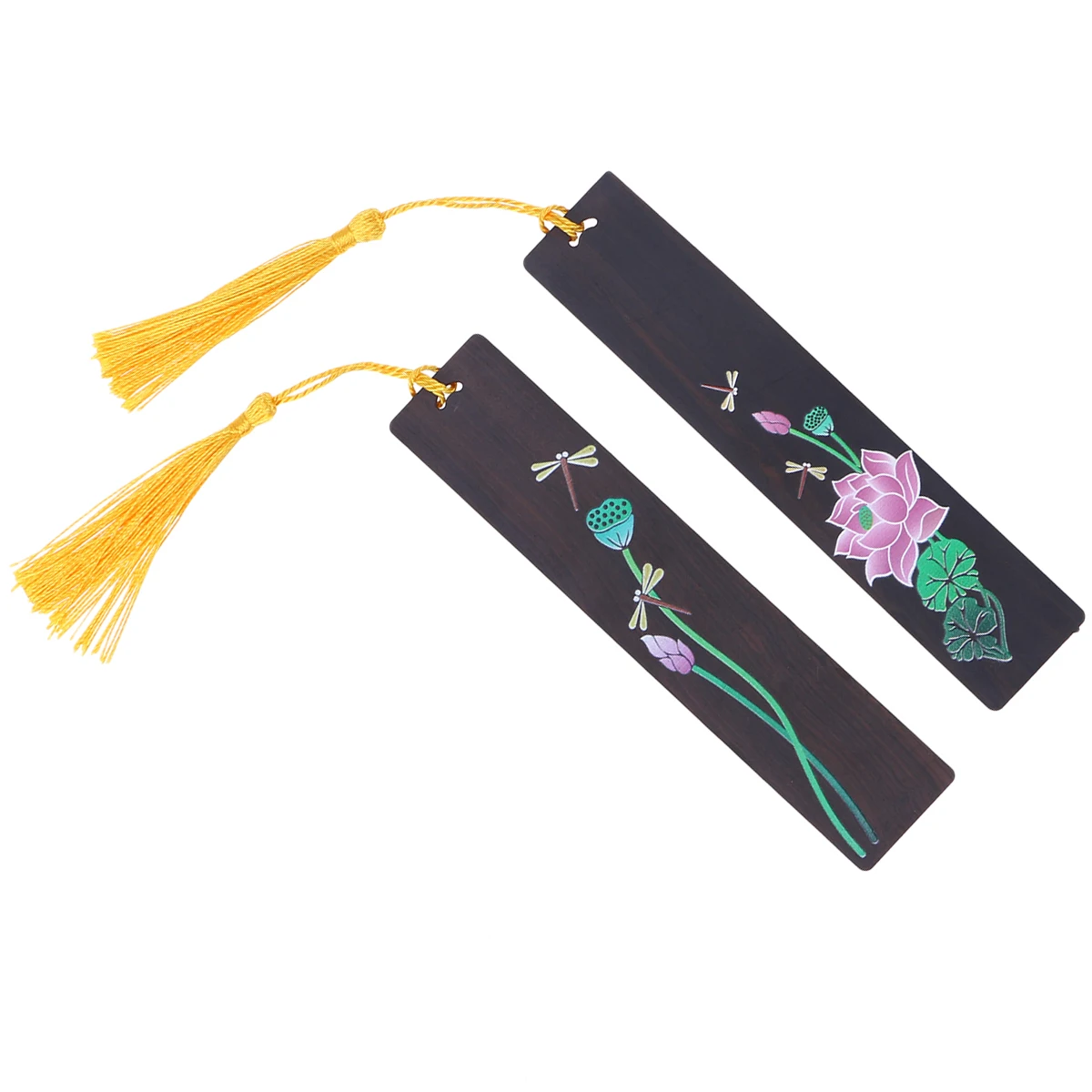 

2 Pcs Bookmark Wooden Handmade Manual Lotus with Dragonfly Painted Tassel Chinese-style