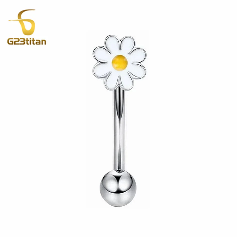 Beautiful White Daisy Navel Rings 1.6mm 14G Titanium or Steel Reverse Barbell Surgical Belly Button Piercing Female Male Jewelry