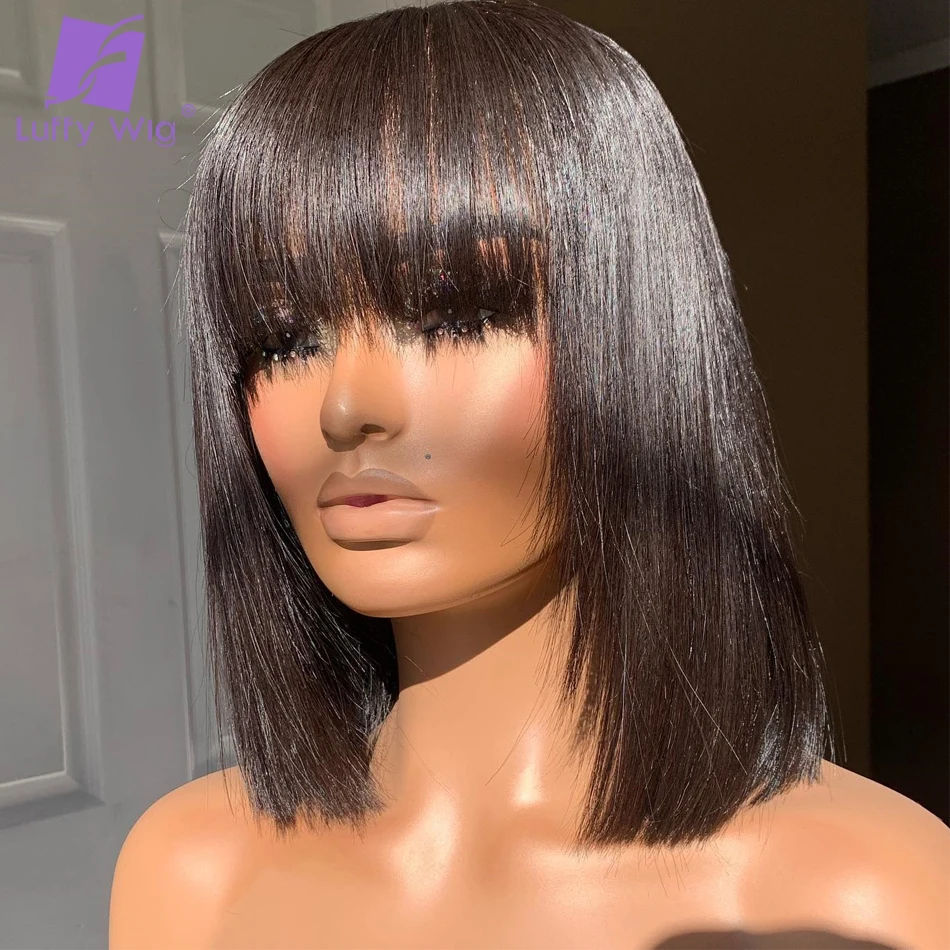 200 Density Short Bob Human Hair Wigs With Bangs Scalp Base Top Full Machine Made Wig Remy Brazilian Straight Bang Wig LUFFY