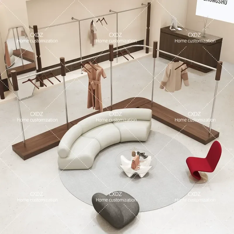Curved clothing store display rack Floor-to-ceiling stainless steel Zhongdao belt plate clothes rod women's clothing store