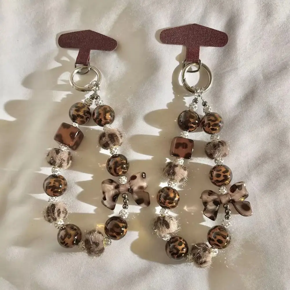 Anti-Lost Leopard Print Phone Charm Bow with Plush Ball Beaded Mobile Phone Charm Simple Universal Mobile Phone Lanyard