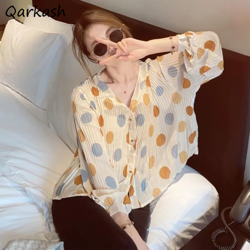 

Long Sleeve Shirts Women Chic Folds Spring Vintage Polka Dot Elegant Sweet Ladies V-neck Shirt Aesthetic Ulzzang Casual Holiday