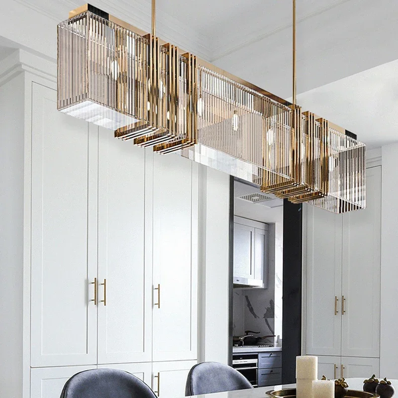 Lustre de cristal de luxo para sala de jantar Lâmpada suspensa nórdica Decoração de interiores Simples Strip Light Escritório Sala de estar