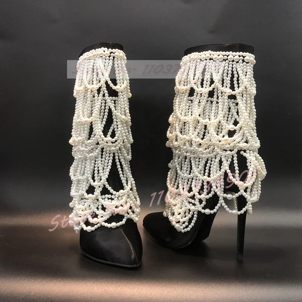Pearl Chain Verzierte Satin Black Boots Women Classy Pointy Toe Zip Mid Calf Thin High Heels Shoes Lady Sexy Fashion Showy Boots