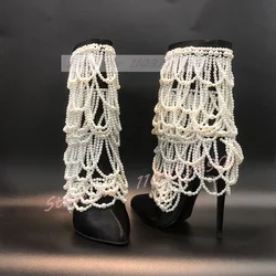 Pearl Chain Verzierte Satin Black Boots Women Classy Pointy Toe Zip Mid Calf Thin High Heels Shoes Lady Sexy Fashion Showy Boots