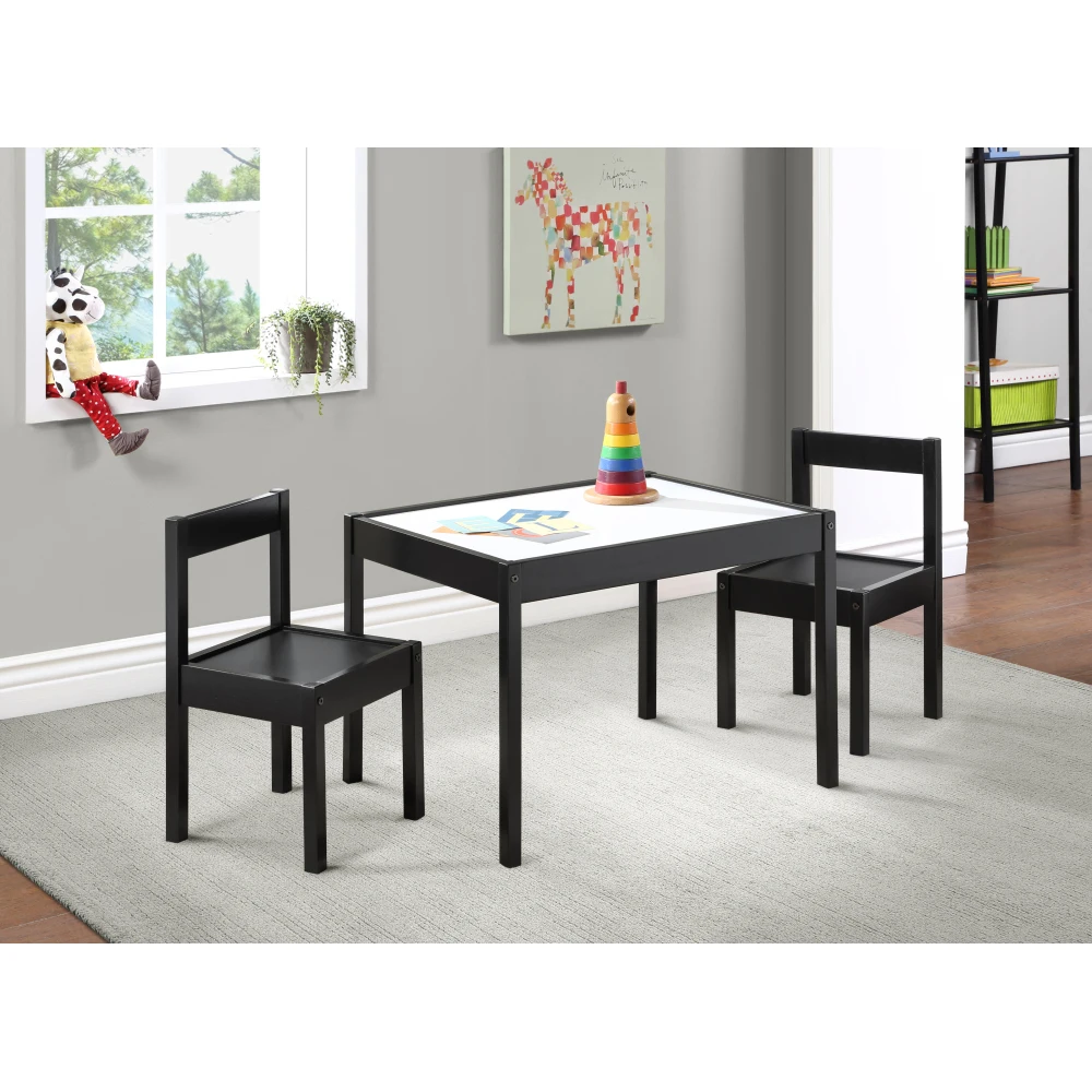 Gibson 3-Piece Dry Erase Kids Table Two Chair Set Black Durable construction using solid wood that is kiln-dried