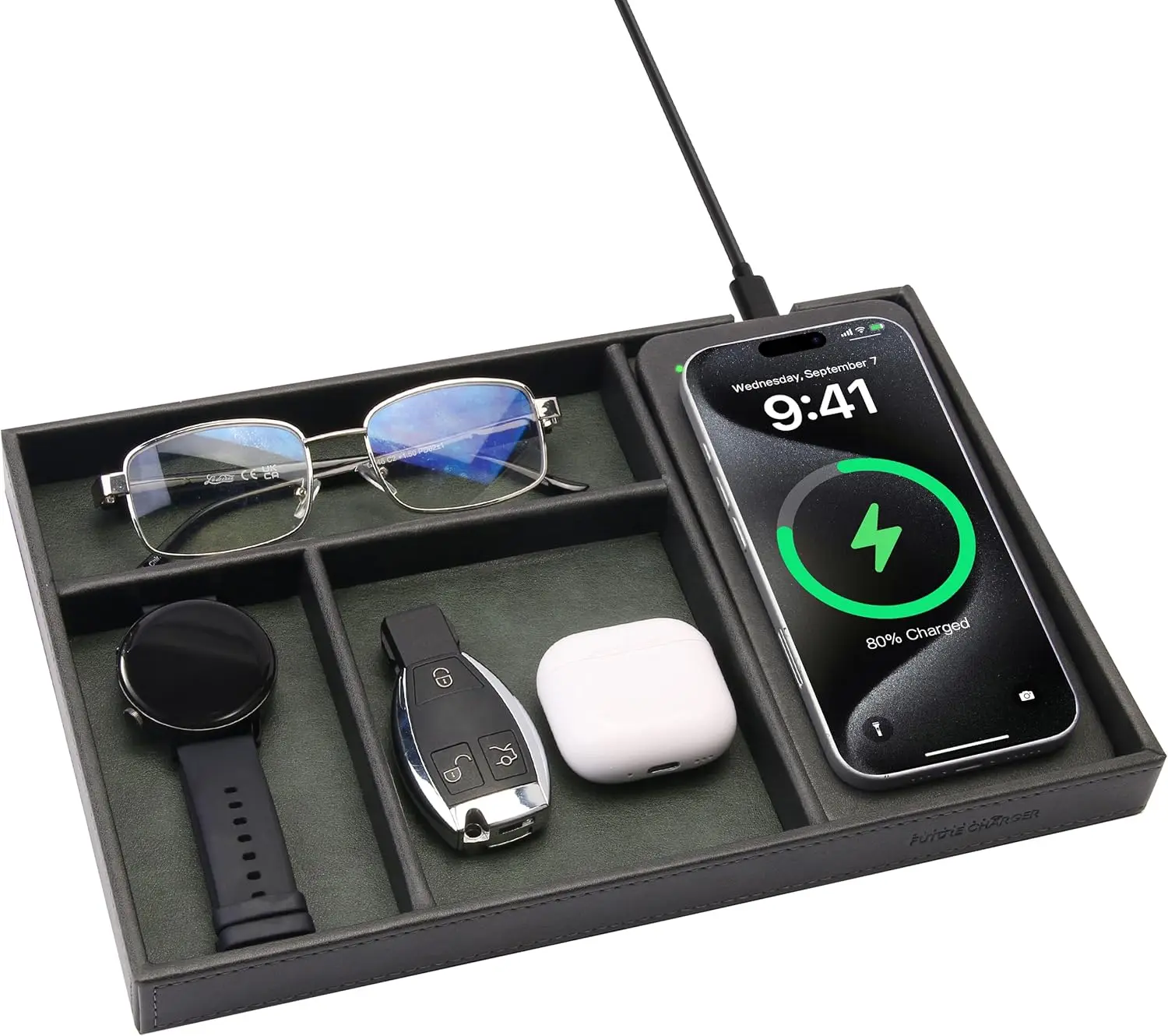 

Valet Tray with Wireless Charging, Nightstand Organizer in Black+Green Vegan Leather