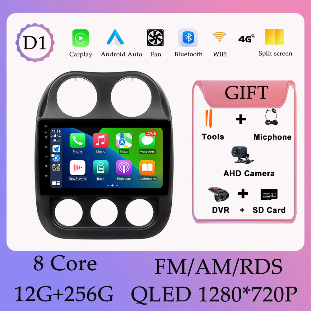 Draadloze Carplay Android 16 Autoradio Video Audi Multimedia Speler voor Jeep Compass Patriot 2009-2015 GPS Navi DSP Stereo WIFI - afbeelding 1