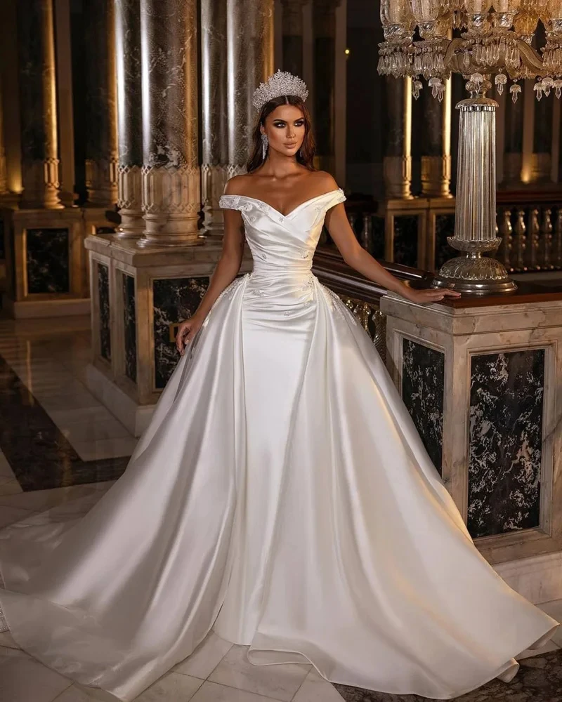 

Simple Satin Wedding Dresses With Detachable Skirt Beaded Pleats V-Neck Sleeveless Off Shoulder Elegant Bridal Gown Customzied