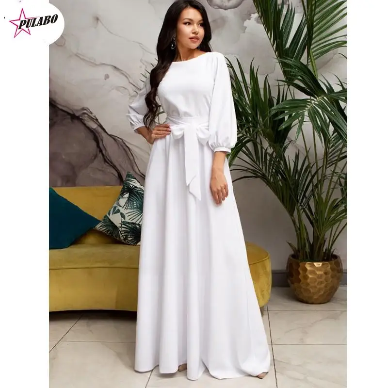 

PULABO Vintage Bow Tie Maxi Long White Dress Women Lantern Sleeve Elegant Bandage Dress Solid o Neck Boho Floor-Length Dress ins