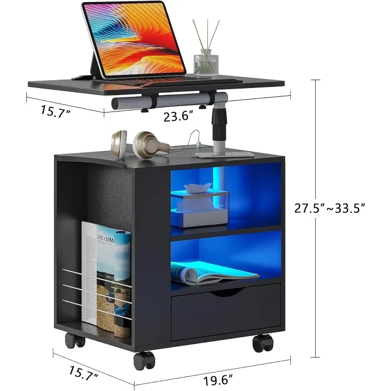 LED Nightstand with Wireless Charging Station,Black Nightstand Has Adjustable Rotary Table,Bedside Tables with One Drawer and 2