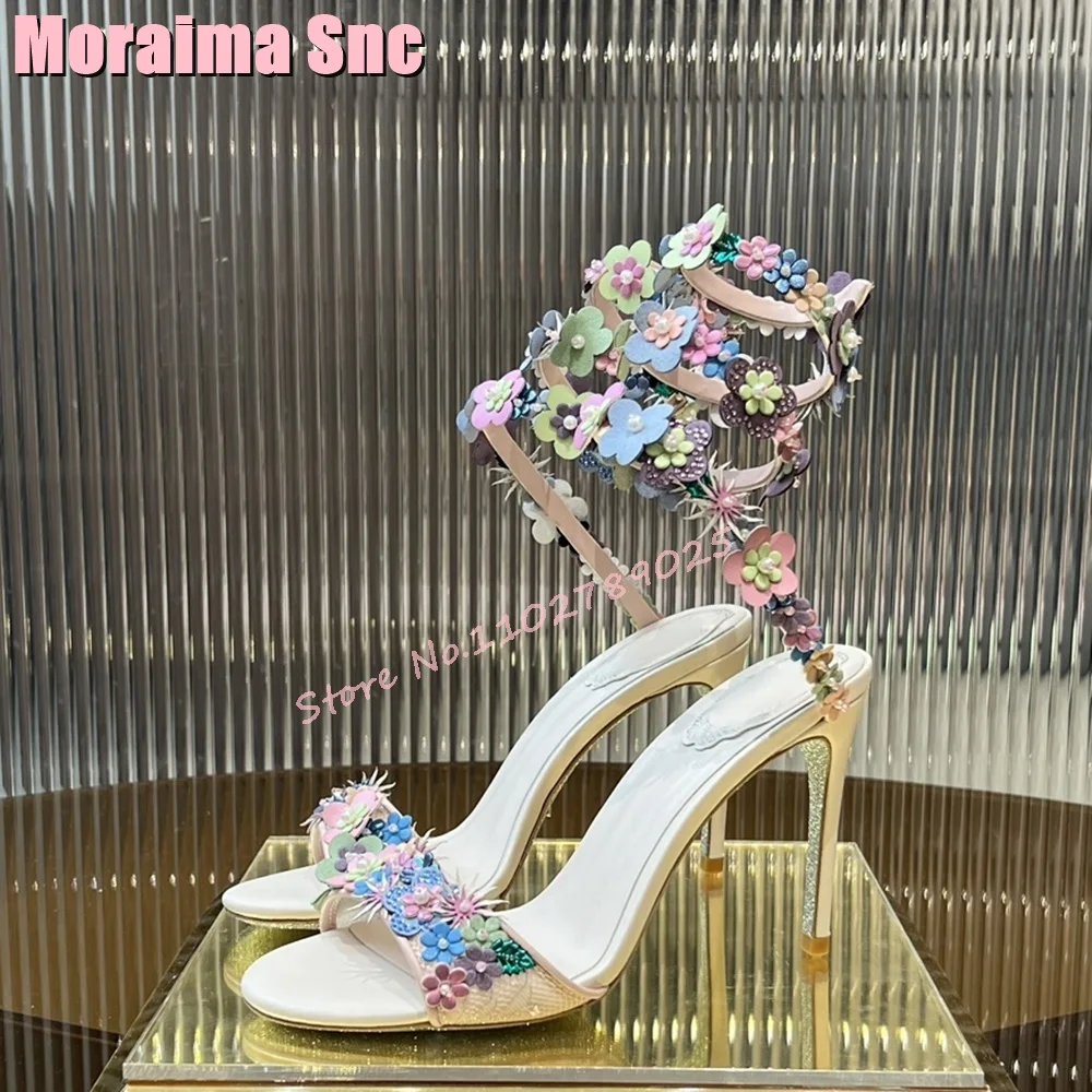 

2024 New Luxury Crystal Flower Wrap Sandals Open Toe Stiletto High Heel Slip On Sexy Fashion Women's Shoes Summer Banquet Party